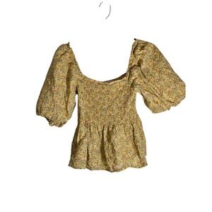 A.N.A‎ A New Approach Yellow Floral Smocked Puff Sleeve Peplum Top Womens Small
